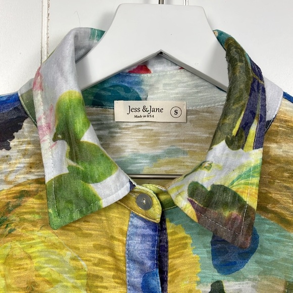Jess & Jane Womens Blouse S Yellow Purple Floraal 3/4 Sleeves Button Down Light - Picture 3 of 11